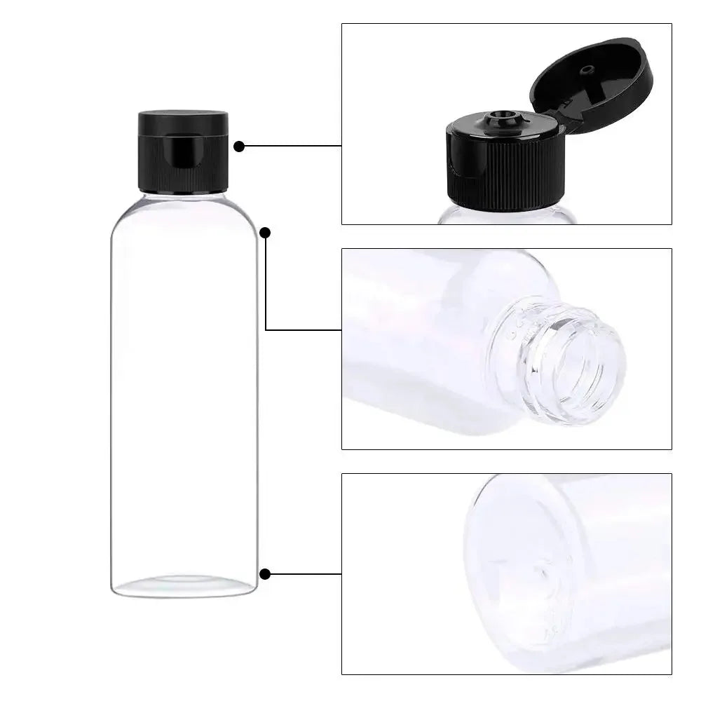 A set of clear refillable travel bottles with black caps shown in various angles.