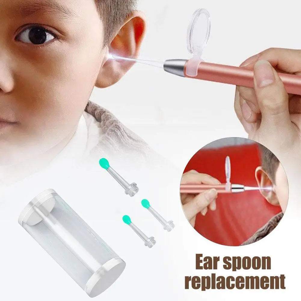 A hand is using a pink replacement ear spoon for otoscope cleaning, with the new spoon shown separately.