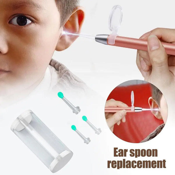 A hand is using a pink replacement ear spoon for otoscope cleaning, with the new spoon shown separately.