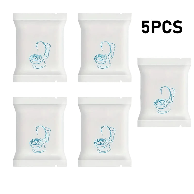 Five disposable white toilet seats packaged in individual plastic sleeves.