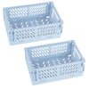 Two light blue foldable plastic storage baskets with grid patterns.