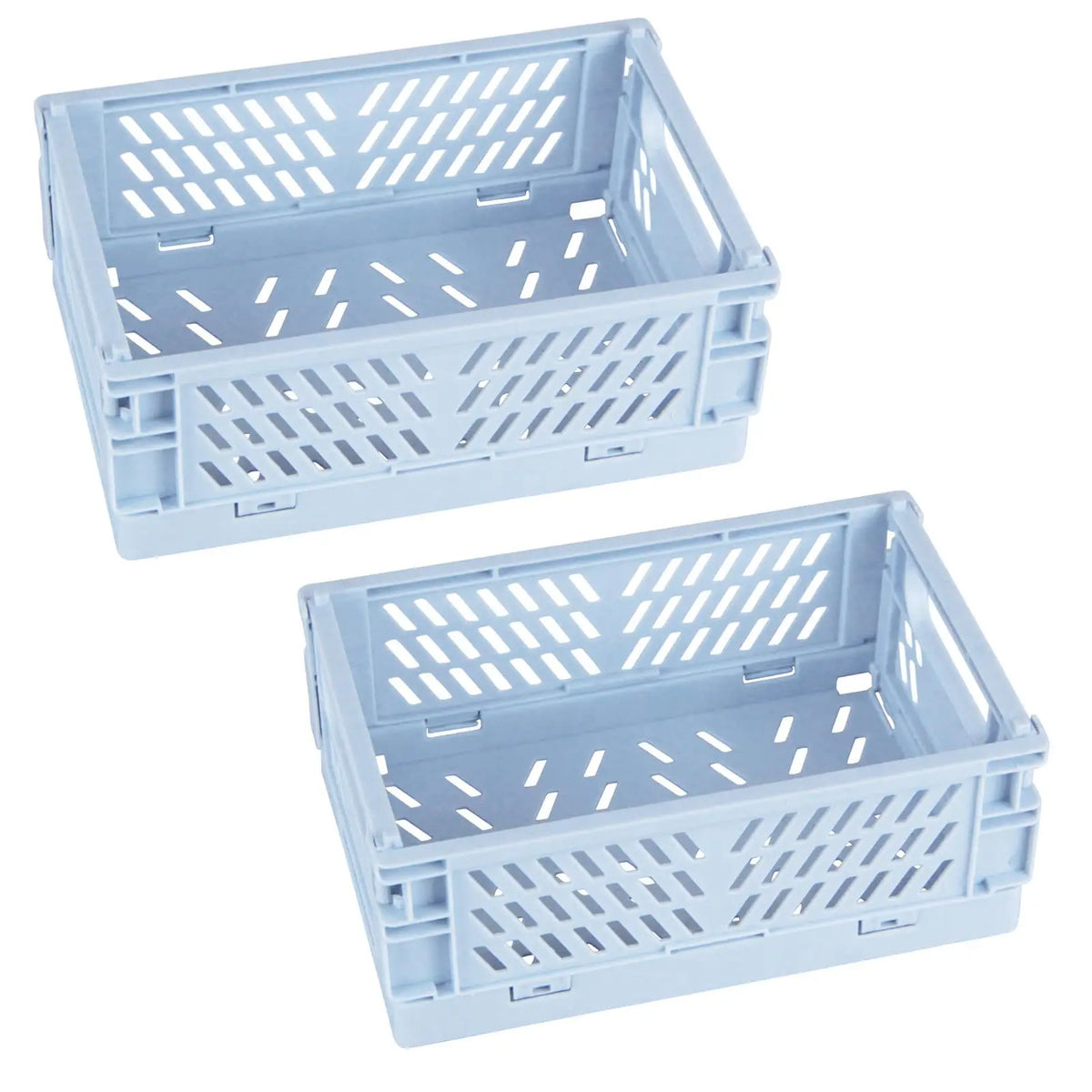 Two light blue foldable plastic storage baskets with grid patterns.