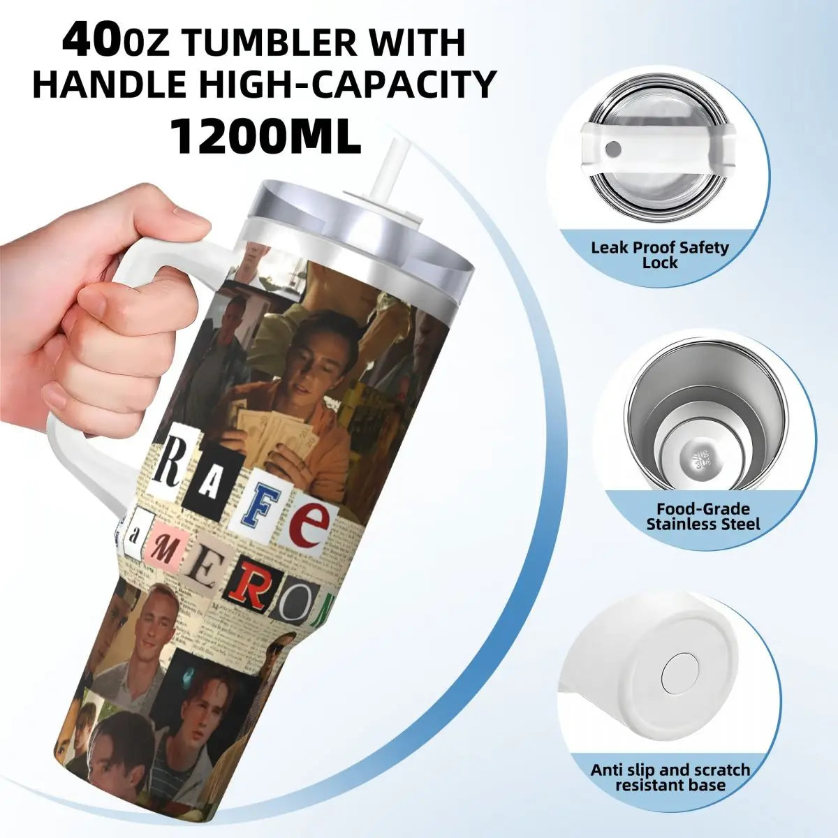 A hand holds a 40oz tumbler with a handle, featuring a graphic design on the side.