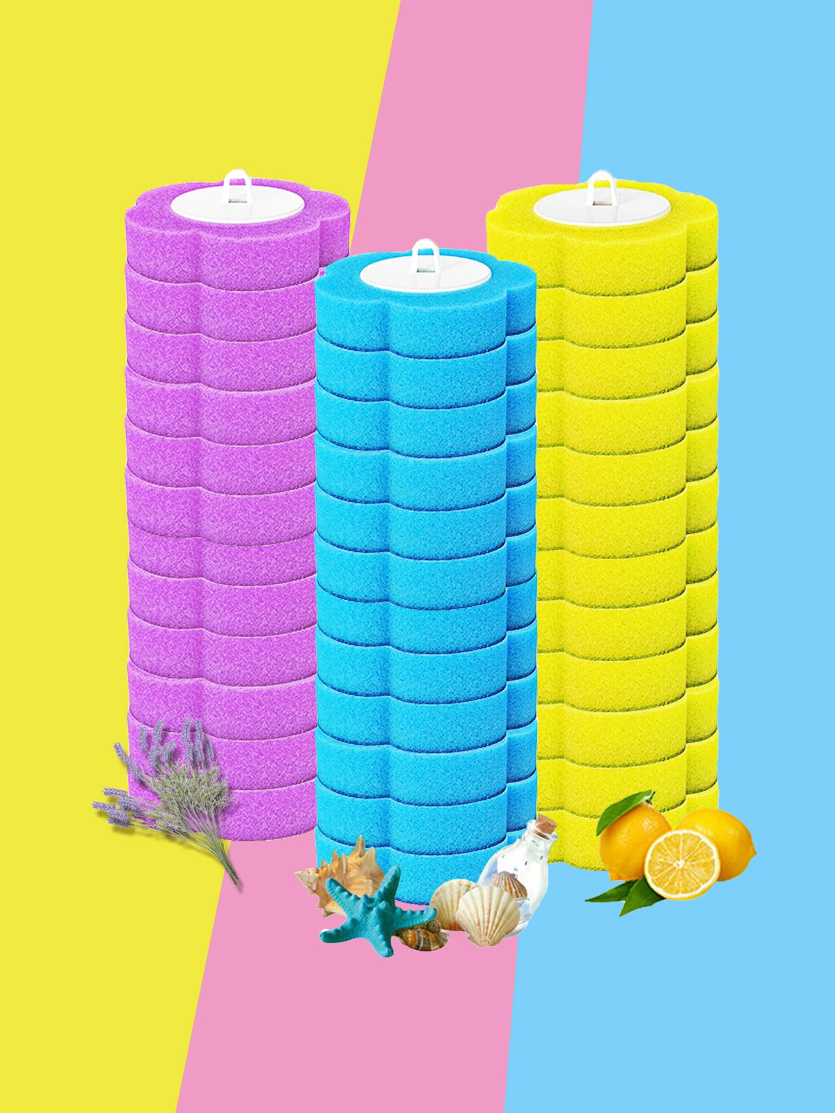 Tres cabezales de cepillo de limpieza de inodoro cilíndricos en púrpura, azul y amarillo apilados verticalmente.