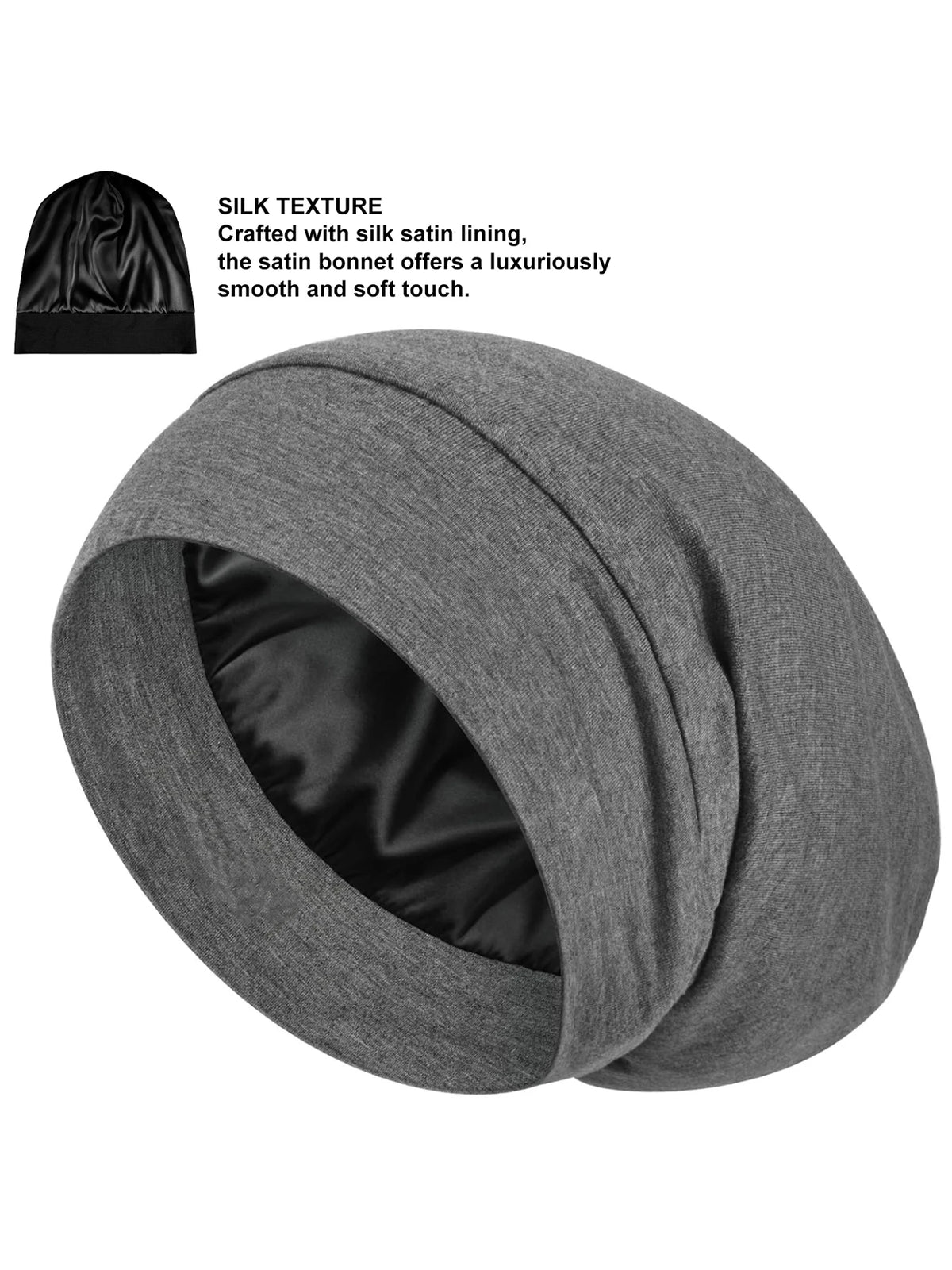A rolled dark gray silk satin sleep bonnet with a black lining is shown.
