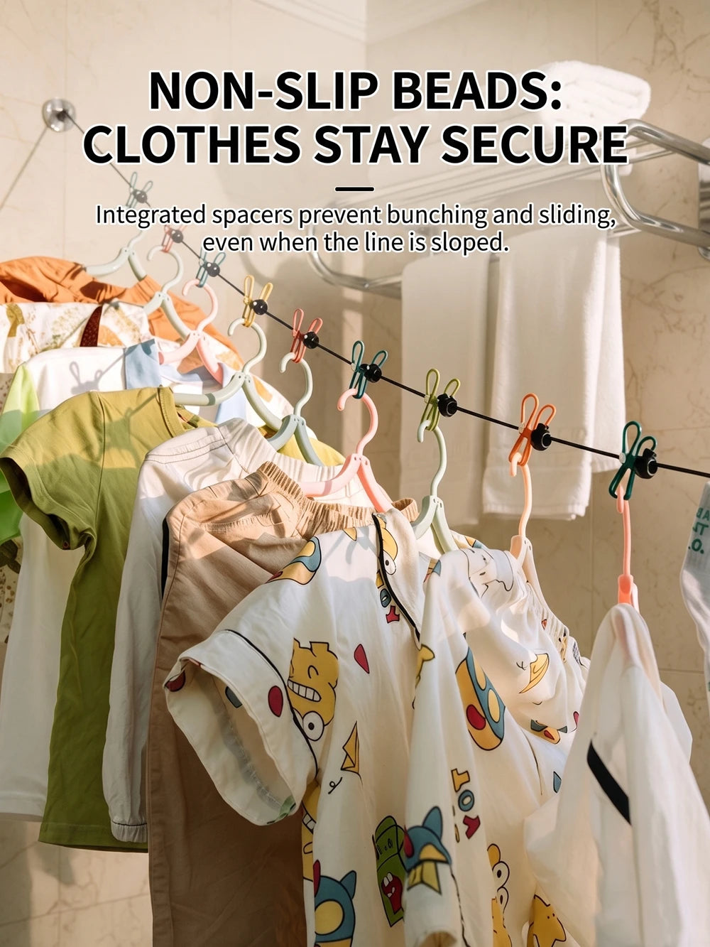 Non-slip beads integrated spacers used on a clothesline to keep laundry secure.