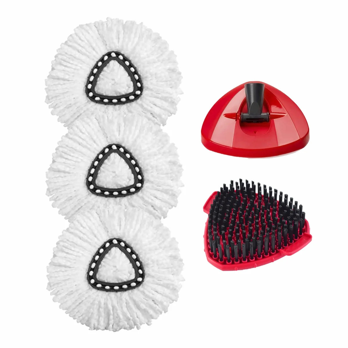 Three replacement mop heads for O-Cedar and Vileda systems, including a white fluffy head and a black bristled head.