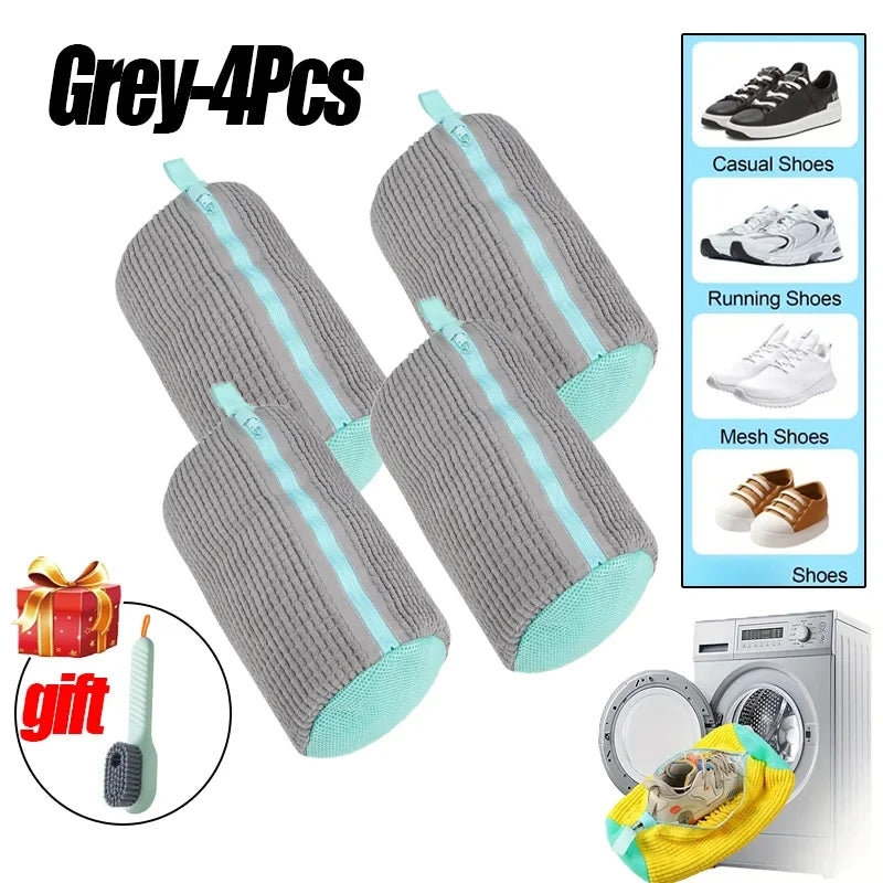 Four grey zippered laundry bags for shoe cleaning, including casual and running shoes.