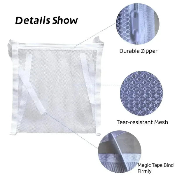 Details show a reusable mesh laundry bag with a durable zipper, tear-resistant mesh, and magic tape bind.