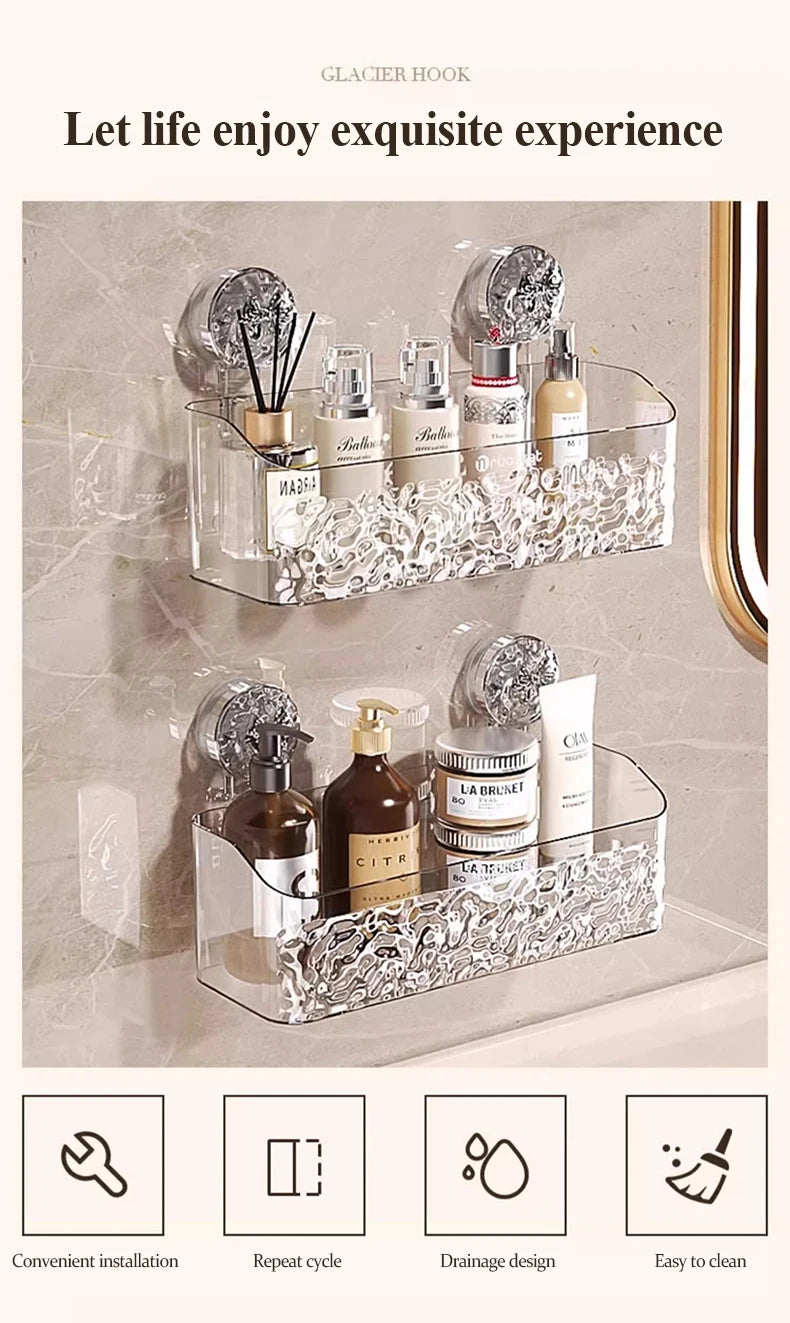Stainless steel suction cup storage rack for bathroom displaying various skincare products.