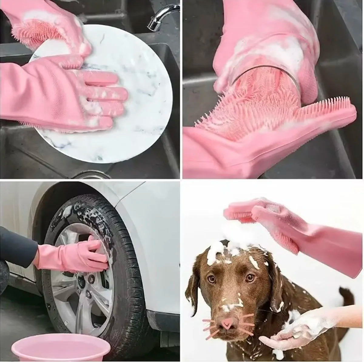 Pink silicone dishwashing gloves cleaning a car tire and a dog's face