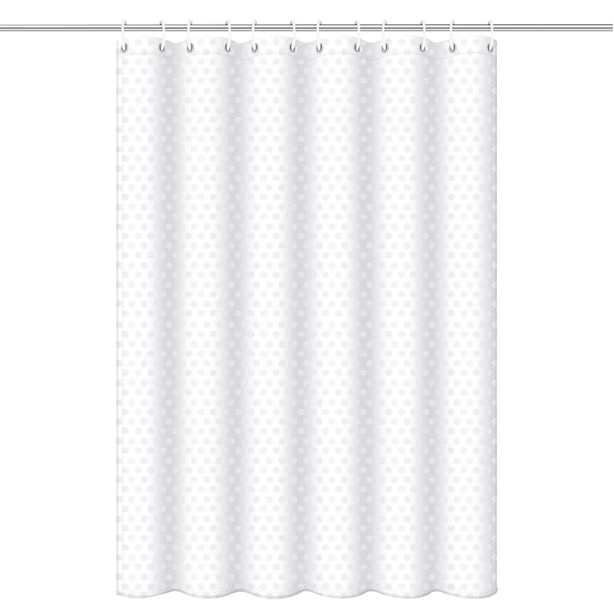 White waffle pattern shower curtain with a weighted hem hanging from a rod.