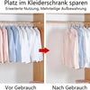 Before and after images showing the expanded use and multi-storage of a closet using hanger connector hooks