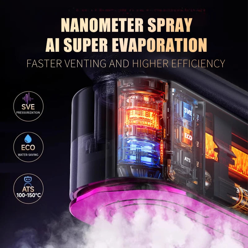 Gros plan d'un fer à vapeur portable démontrant les fonctions de super-évaporation et de ventilation.