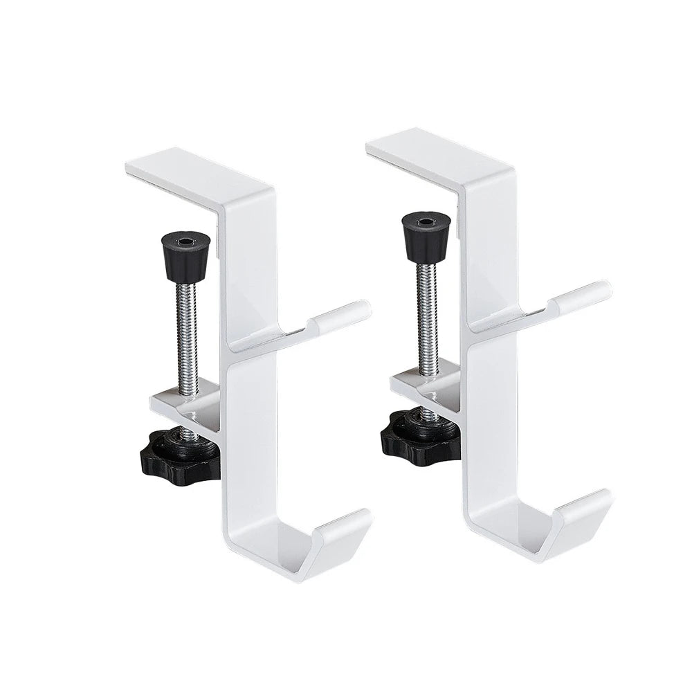A pair of white adjustable desk hook bags or hangers with metal rods and plastic grips.