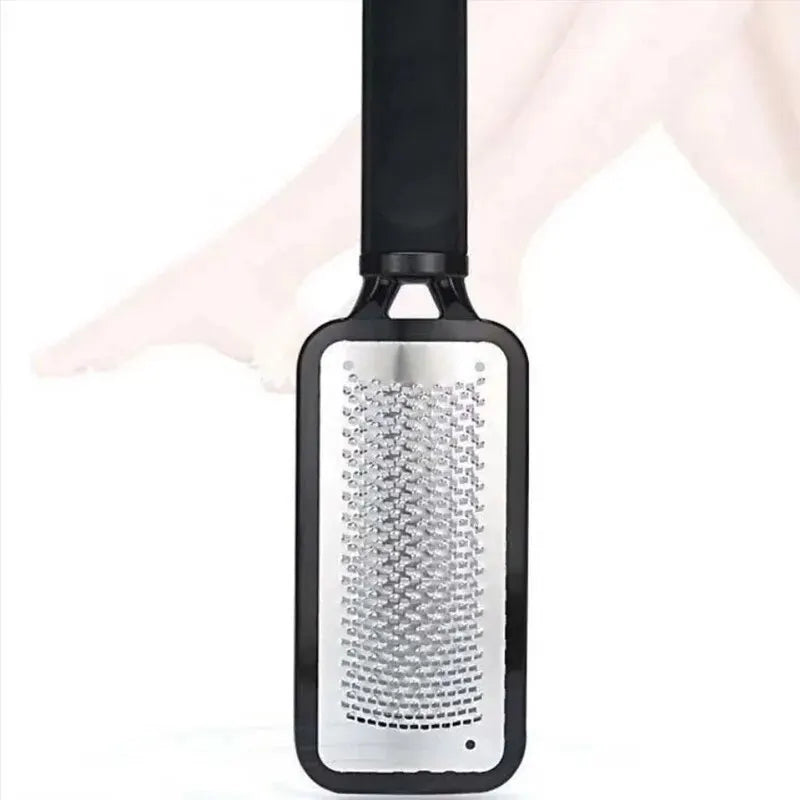 A black professional foot file and callus remover tool with a silver textured surface.