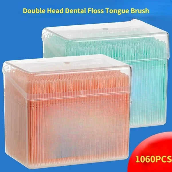 Two clear plastic containers of double-head dental floss picks with interdental brushes