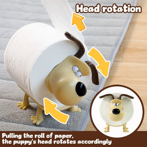A puppy-shaped toilet paper holder demonstrates head rotation by pulling the roll of paper.