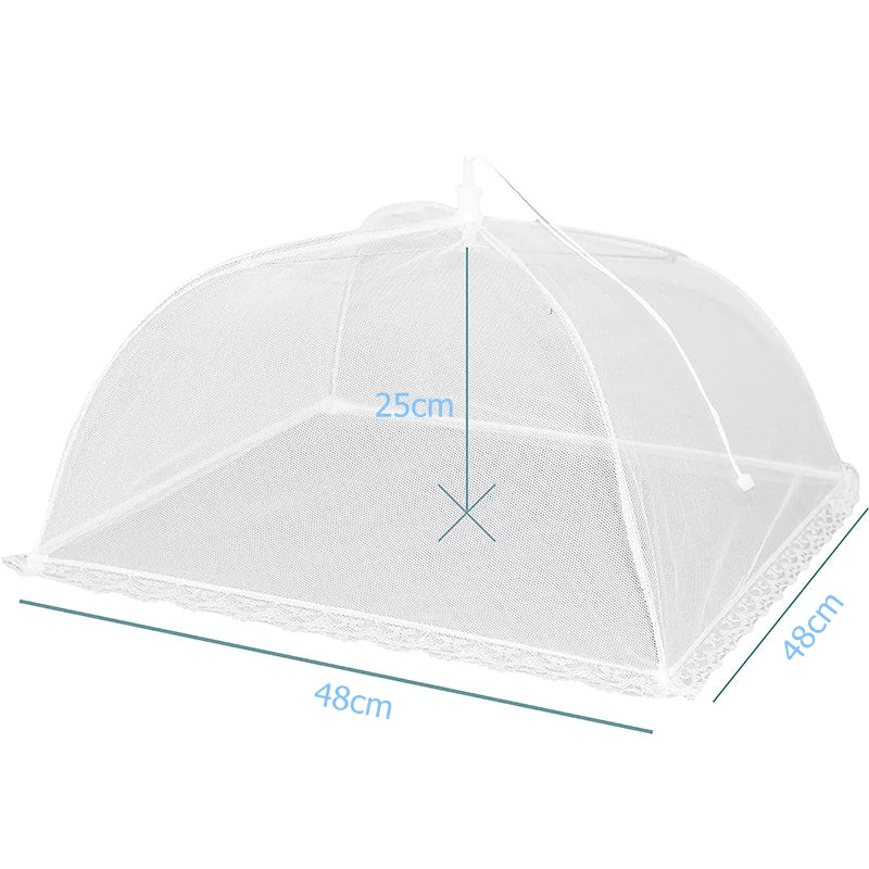 Weiße Netz-Lebensmittelschutzkappe, domeförmig, Maße: 25 cm hoch und 48 cm breit.