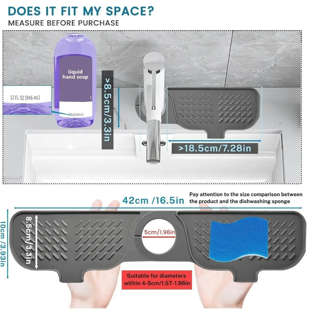 A silicone sink splash guard mat is shown with various size comparisons and usage examples.