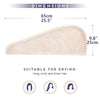 A light beige microfiber hair towel wrap showing its dimensions and suitability for drying long, curly, and thick hair.