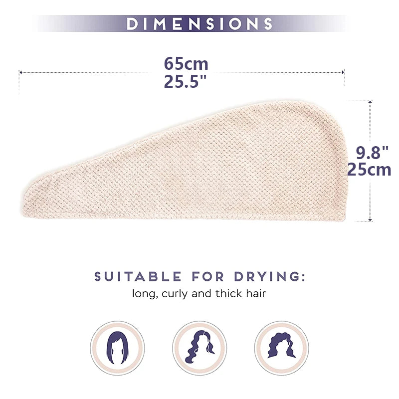 A light beige microfiber hair towel wrap showing its dimensions and suitability for drying long, curly, and thick hair.