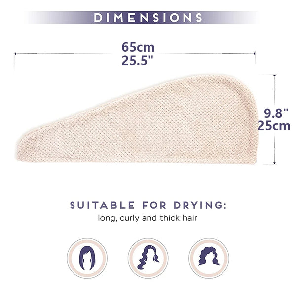 A light beige microfiber hair towel wrap showing its dimensions and suitability for drying long, curly, and thick hair.