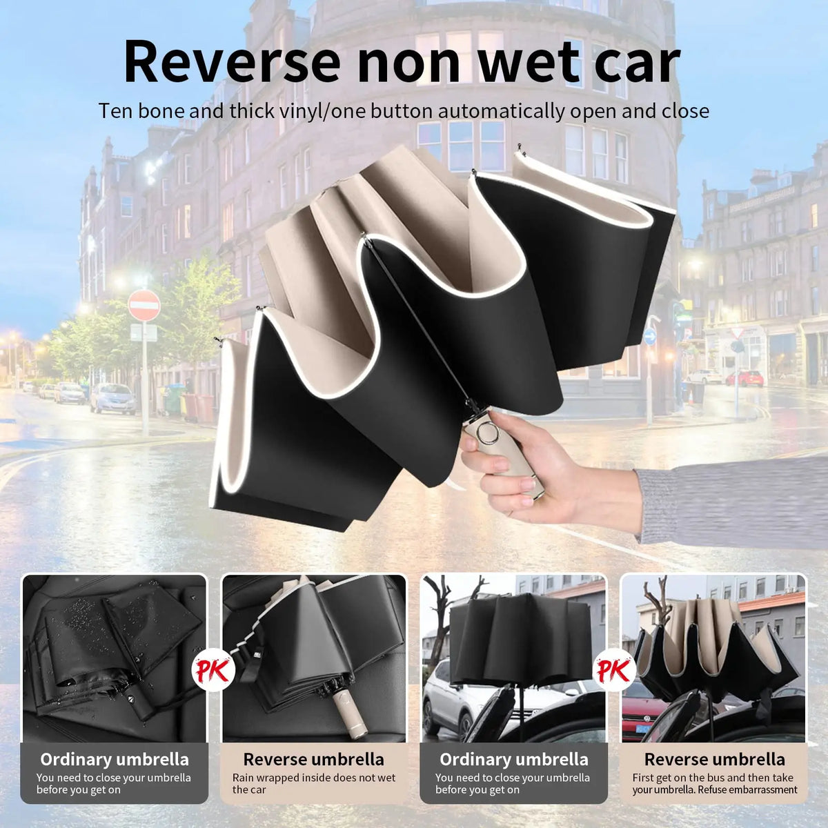 A hand is shown opening and closing a black umbrella, demonstrating the reverse non wet car feature.
