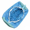 A blue reusable shoe washing bag with a textured, fuzzy interior and an invisible zipper.