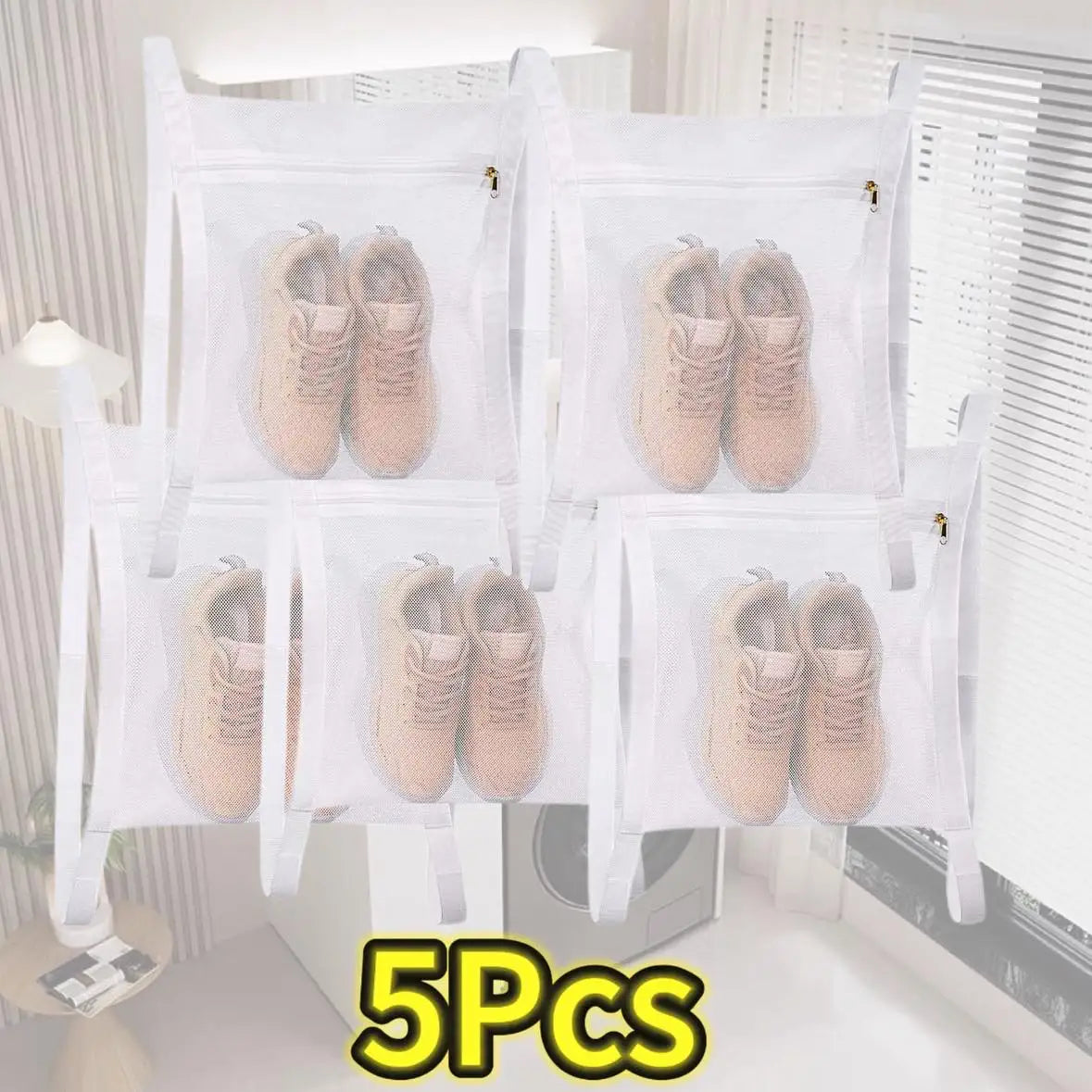 Five pairs of reusable mesh laundry bags for shoes displayed in a white background.