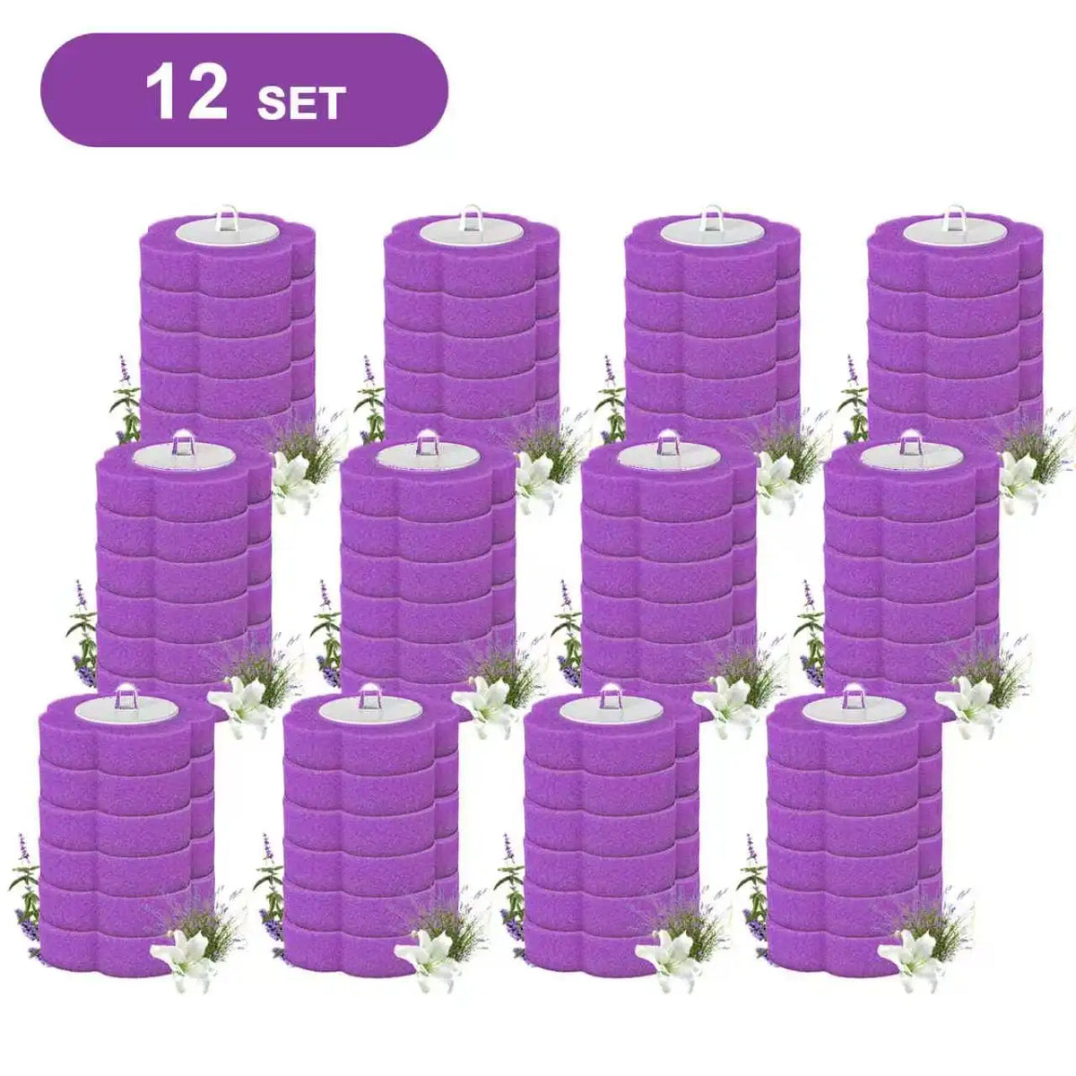 A set of twelve purple disappearing toilet brushes with long handles.