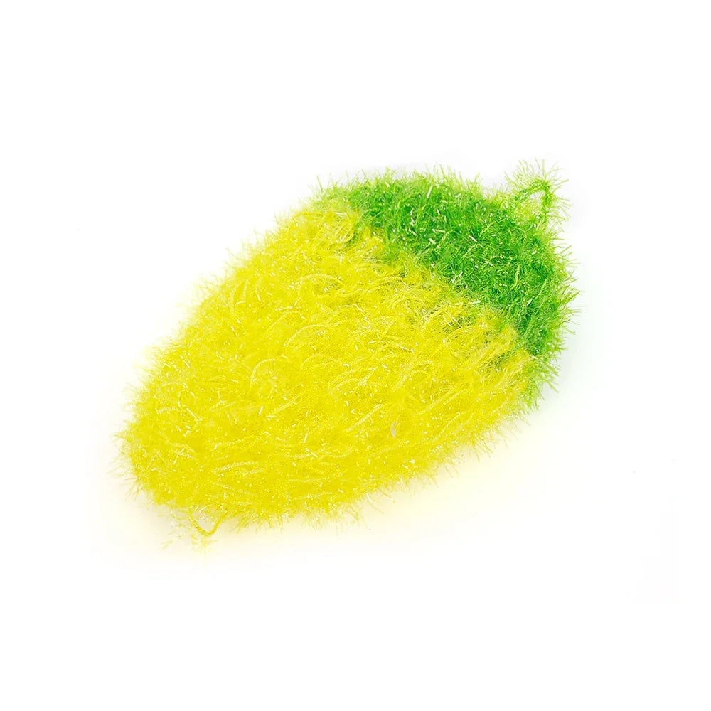 A bright yellow and green strawberry-shaped sponge for kitchen cleaning.