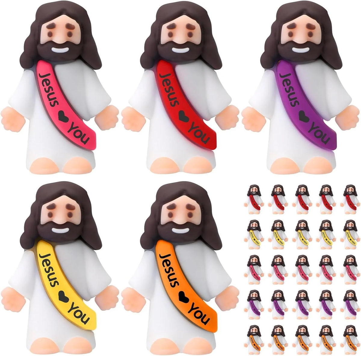 Un ensemble d'ornements miniatures de Jésus de différentes couleurs, y compris rouge, violet et jaune, pour la foi et la célé