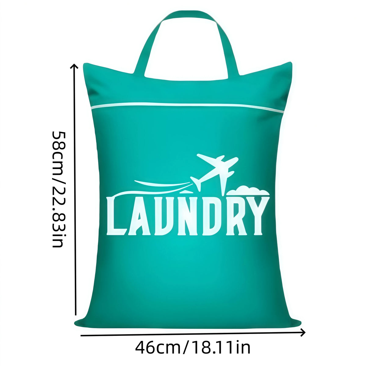 A teal fabric laundry bag with the word LAUNDRY printed in white text.