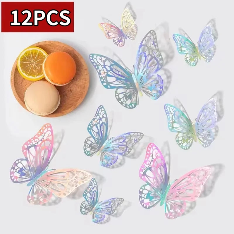 A set of twelve colorful, iridescent butterfly wall stickers displayed on a white background.