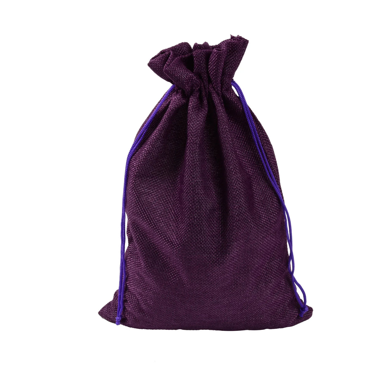 Dunklviolette Stofftasche mit Kordelzug aus Jute und Leinen.