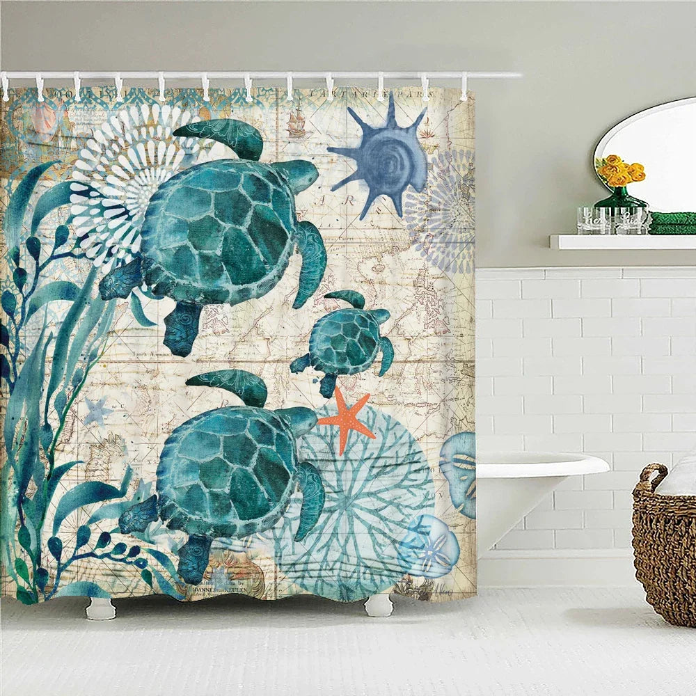 A watercolor-style shower curtain featuring blue sea turtles and starfish on a light background.