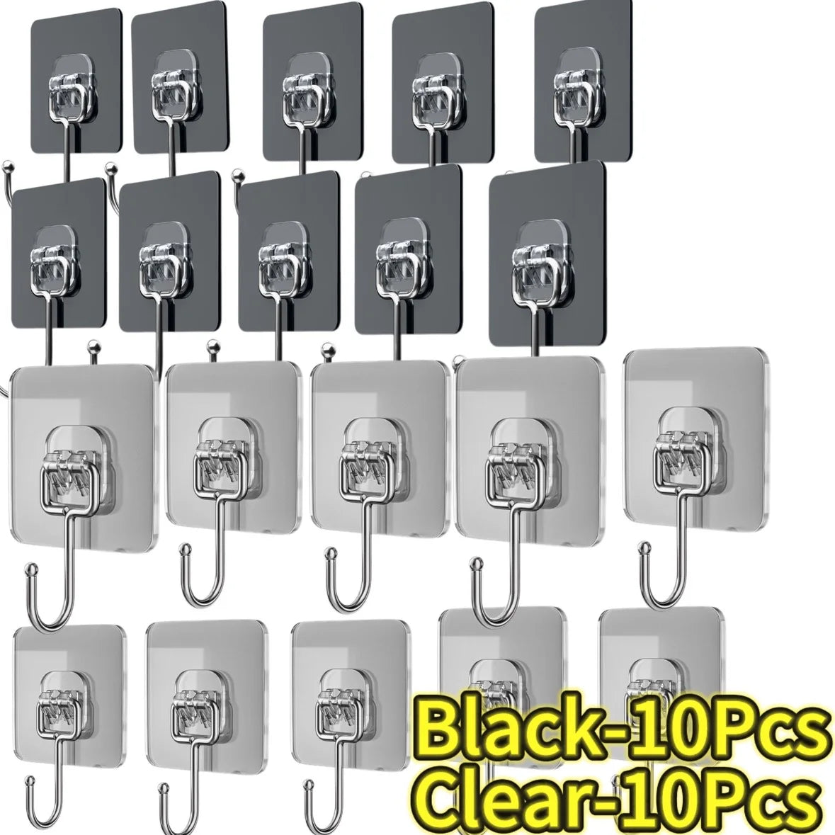 Black and clear self-adhesive rotating wall hooks sold in 10 pieces.