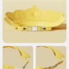 Yellow adjustable baby bath shampoo shield cap shown in various views
