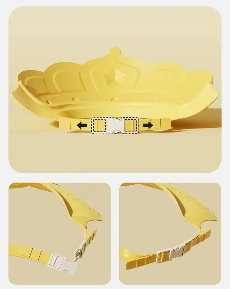 Yellow adjustable baby bath shampoo shield cap shown in various views