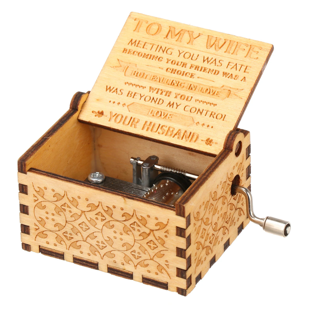A vintage engraved wooden music box with an open lid featuring a message to his wife