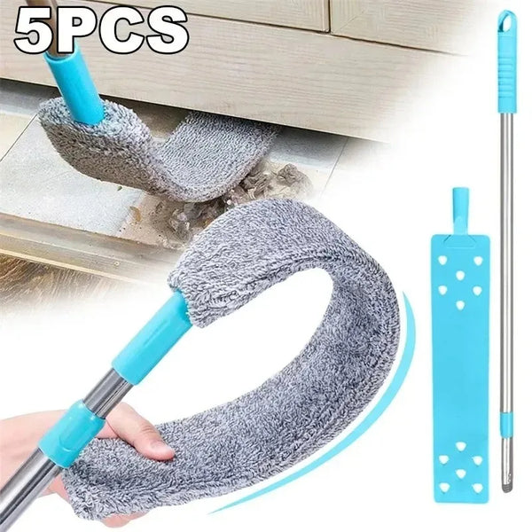 Five pieces of extendable telescopic mop with blue handles and gray scrubbing pads shown cleaning a surface.
