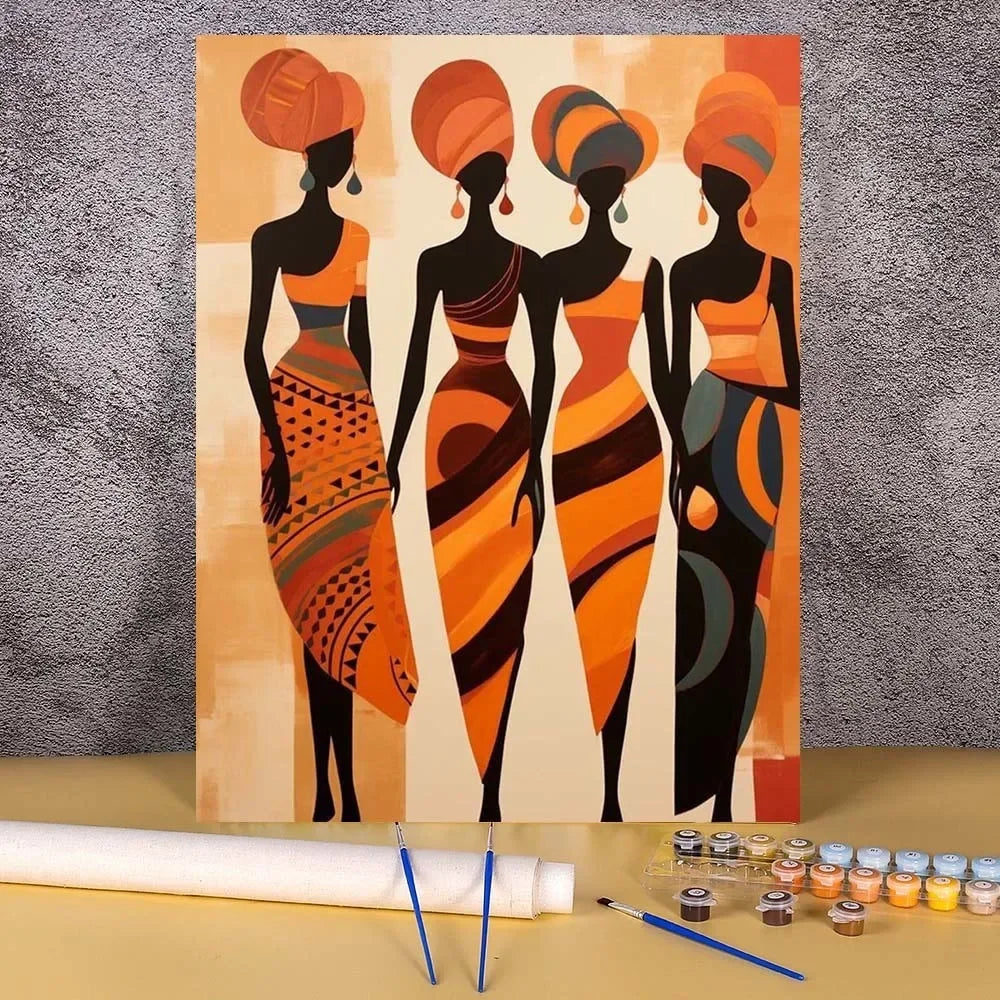 A vertical painting featuring four women in traditional attire with orange and black patterns on a light background.