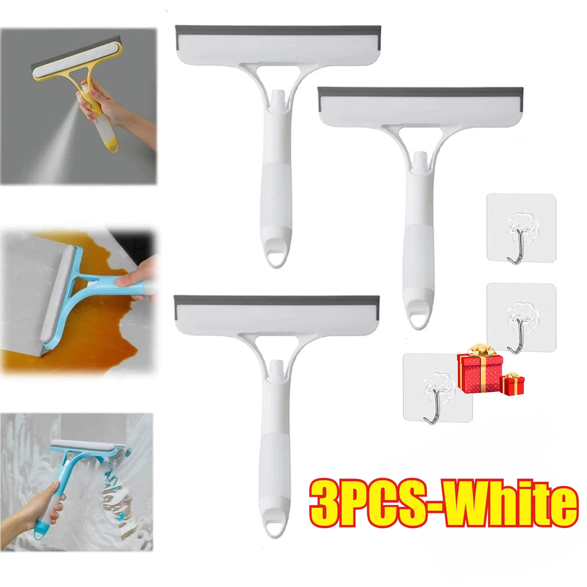 Three white multi-function glass cleaner and scraper tools shown in various angles