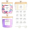 Storage containers for laundry pods, detergent, dryer sheets, and balls, featuring clear glass jars with gold lids.