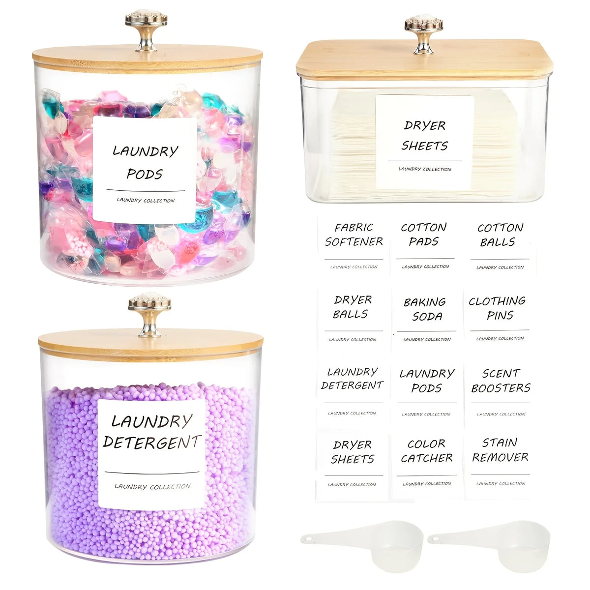 Storage containers for laundry pods, detergent, dryer sheets, and balls, featuring clear glass jars with gold lids.