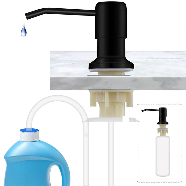 A black stainless steel under-sink soap dispenser kit with an extension tube and a blue liquid bottle.