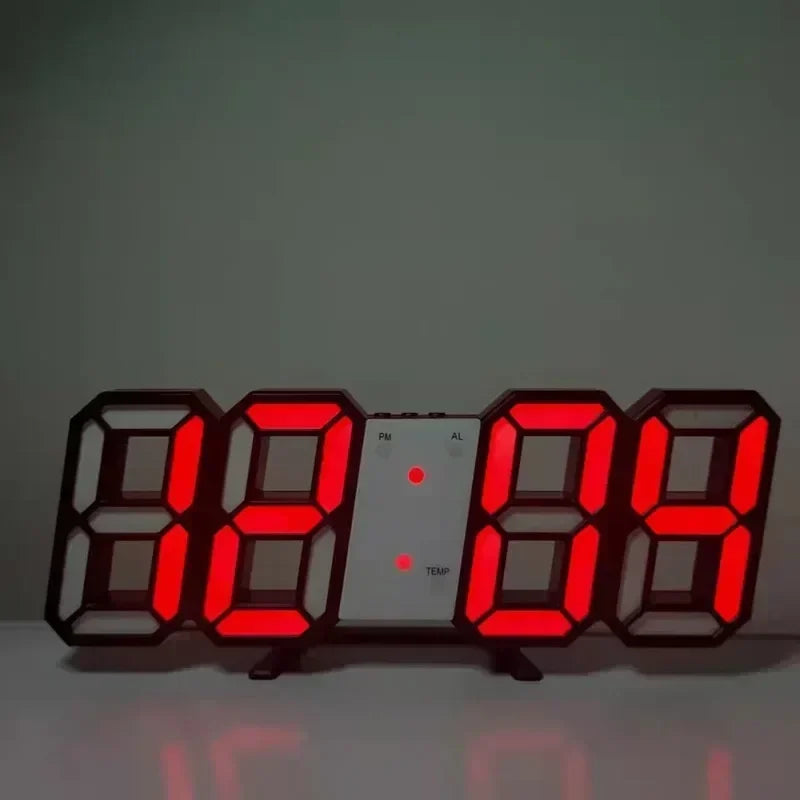A digital alarm clock with a black frame and red LED display showing the time and temperature settings.
