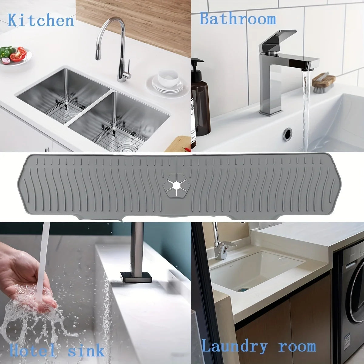 A large silicone drain mat is shown in various contexts including a kitchen sink, bathroom sink, and laundry room.