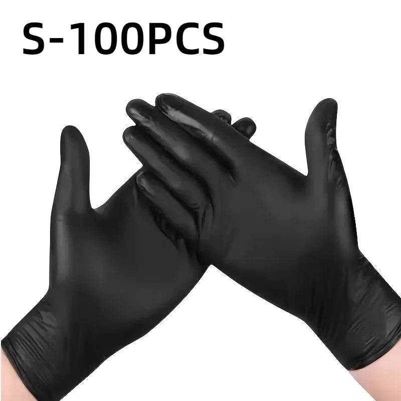 A pair of black nitrile disposable gloves shown in a close-up view.